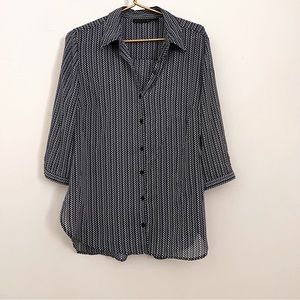 Attention large blue, white and black button down blouse